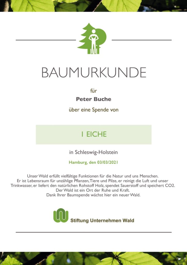 Baumurkunde als Geschenk zu Weihnachten, Geburtstag, Geburt oder Hochzeit